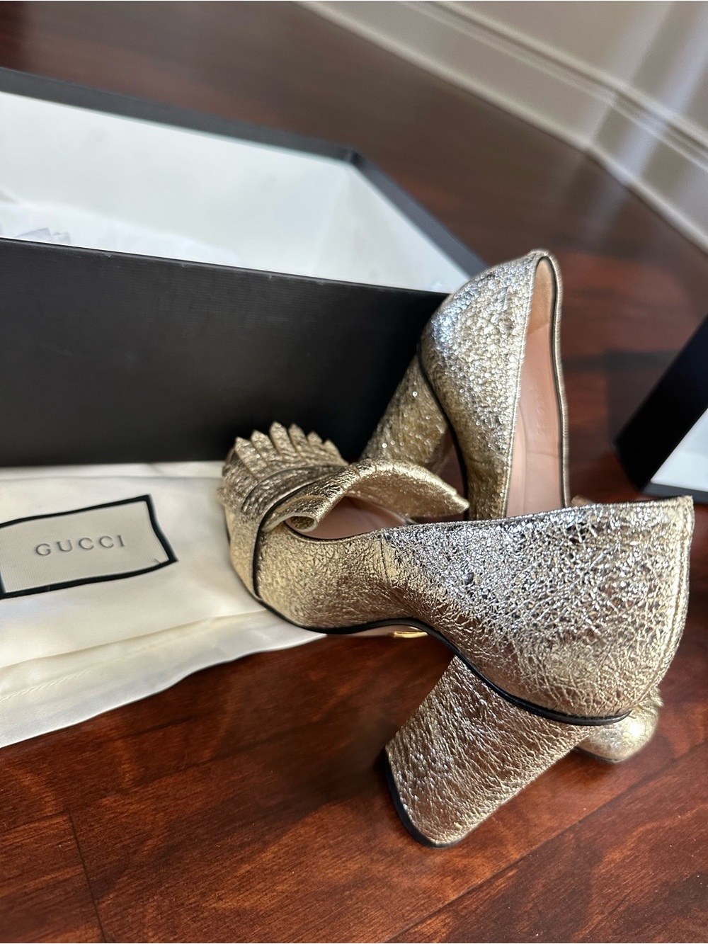 Gucci Gold Glitter Fringe Heeled Loafers with Double G - Picture 8 of 10
